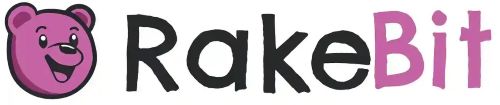 Logo RakeBit z fioletowym misiem i tekstem