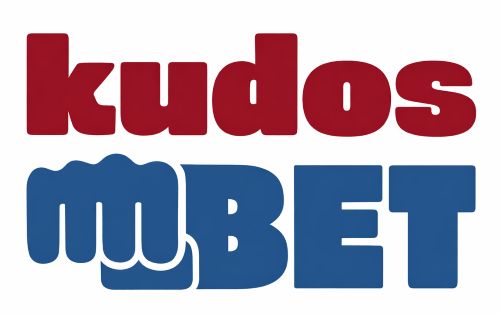 Czerwone logo „kudos” z niebieską pięścią i napisem „BET” na białym tle